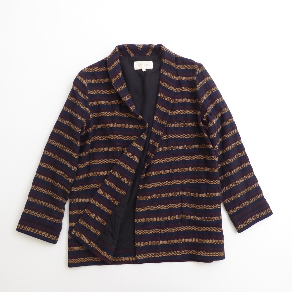 The Great Women Cabana Blazer Open Front Blue Striped Patterned Cotton Blend 1